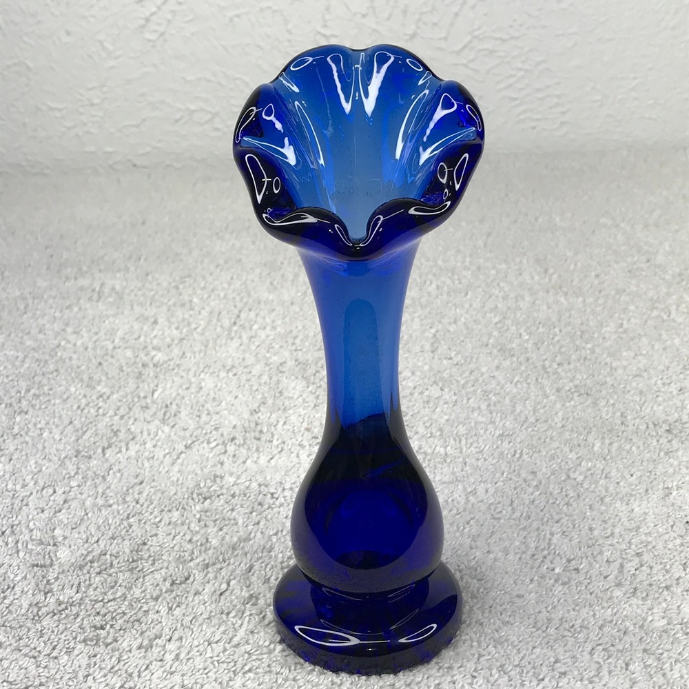 Vintage Bud Vase Cobalt Blue MCM Blown Glass Ruffled Rim Sunburst Pedestal 7.5"